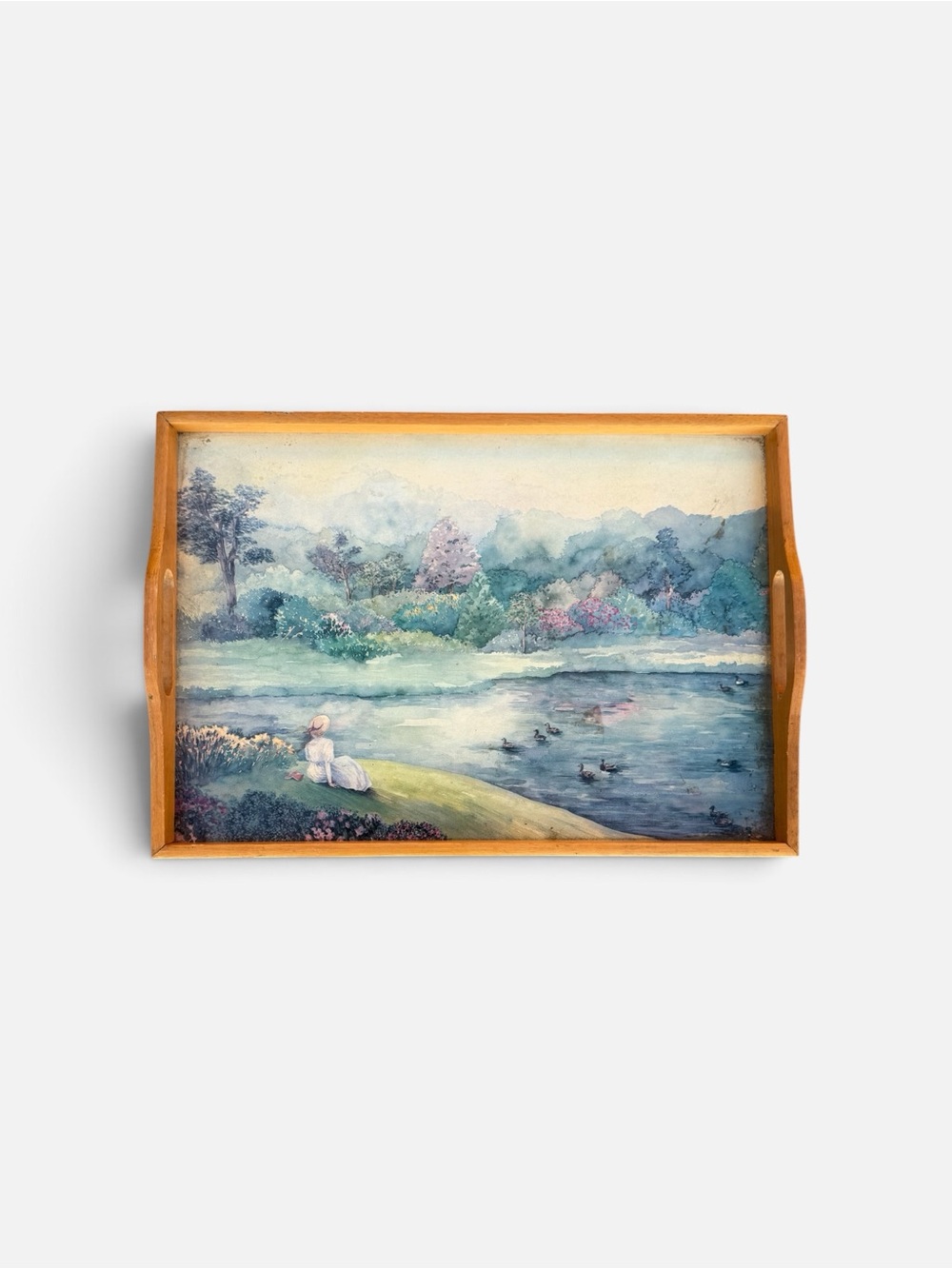 Vintage Art Deco Wooden Serving Tray Lacquered Watercolor Print Cottagecore